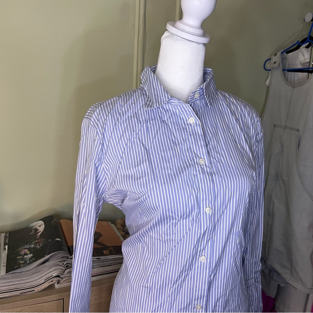 ANN TAYLOR Blue & White Seersucker Stripe Wrap Button Down Modest Midi Dress M - Picture 11 of 16